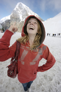 happy girl near mountaintop